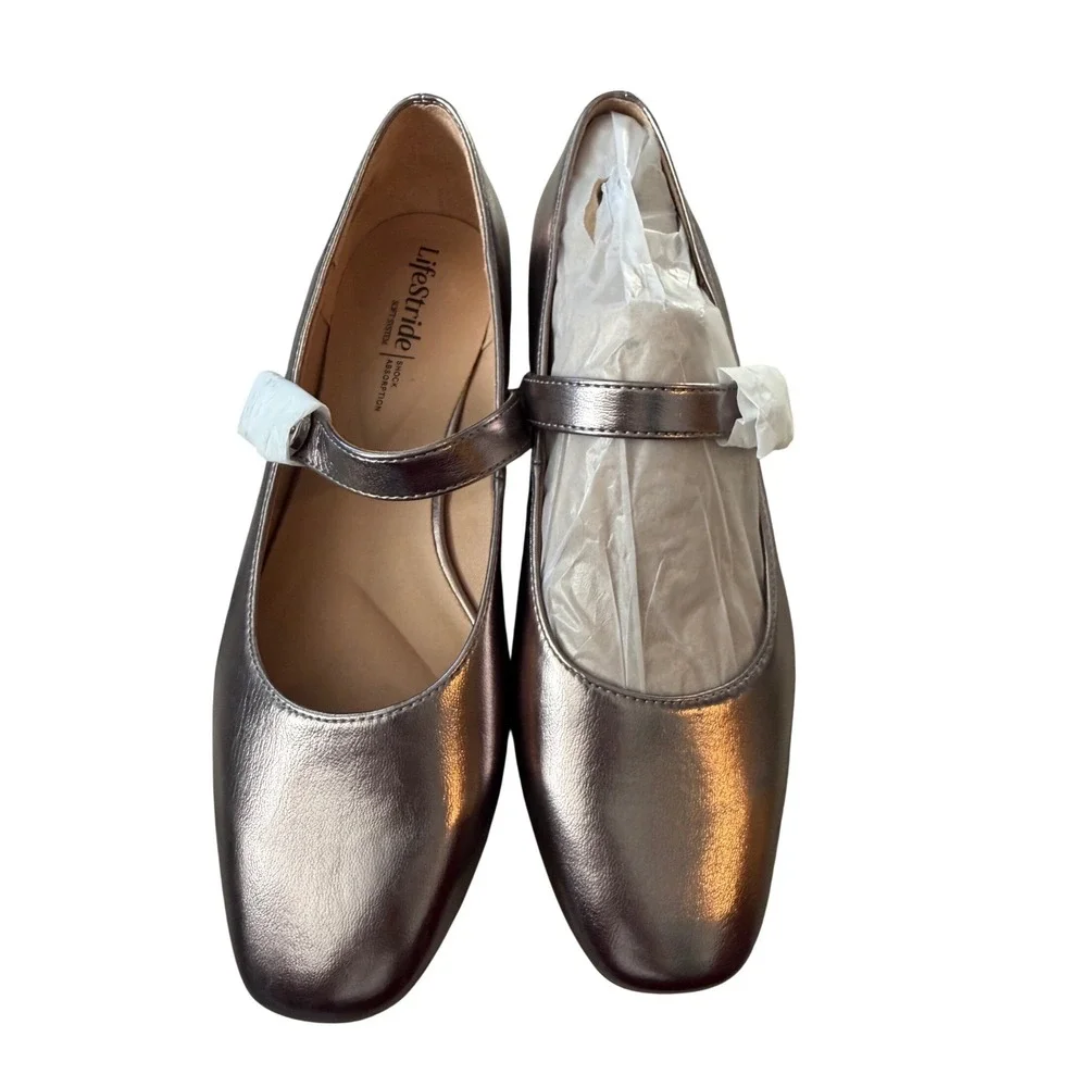 LifeStride Cameo MJ Mary Jane Flats Pewter Metallic Shoes Women's Size 8.5M‎